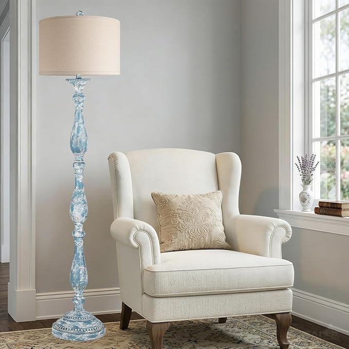 Vintage Floor Lamp for Living Room, Rustic Farmhouse Standing Lamp with Rotary Switch and Linen Shade, Retro Resin Floor Lamp for Bedroom, Corner, Dining Room, House Decor, Wash Blue