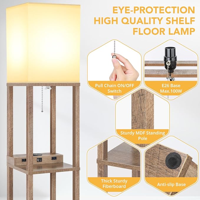 Shelf Floor Lamp with Wireless Charger, USB, Type C, AC Port, Wood | Fast Charging USB Ports & Type C Port & 2 Power Outlets, 3 Tier Storage Shelf Lamp, E26 Base, 60W Max(Bulb Not Included)
