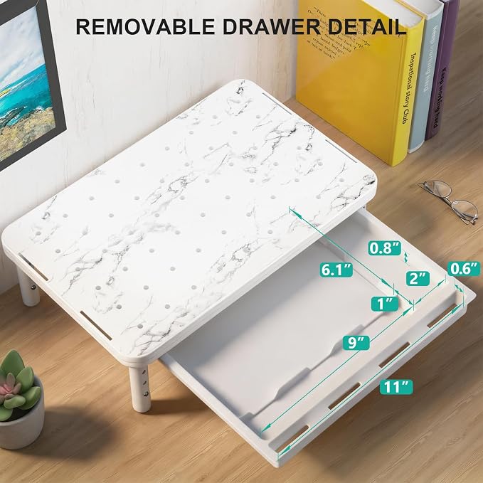 WALI Computer Monitor Stand with Storage, Monitor Riser 3 Height Adjustable | Laptop Riser with Airflow Vents, Desk Organizer for Computer, Printer, Notebook (PTT002-M), 1 Pack, Marble