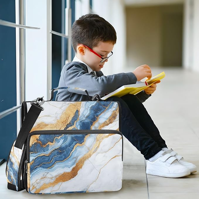 Aslsiy Zipper Binder Marble White Gold Blue 1.5 inch 3-Ring Binder Organizer Trapper Keeper with Shoulder Strap for School Office Supplies
