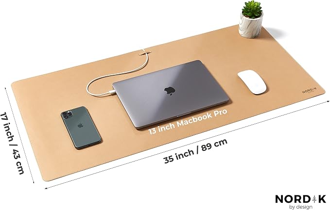 Nordik Leather Desk Mat -Champagne Beige- Large Leather Desk Pad (35x17 in) | Premium Vegan Leather Desk Pad with Cable Organizer, Giftable, Extended Waterproof Mouse Mat, Non-Slip Desk Pad Protector
