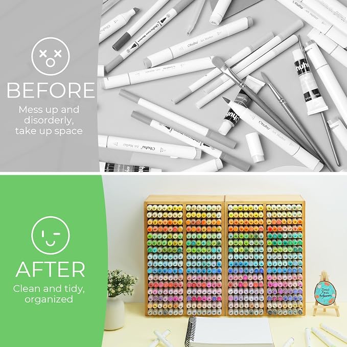 Ohuhu Bamboo Marker Organizer Hold 224 Markers for Honolulu Oahu Series | Markers Pens Pencils Stationary Organizer Holder Desktop Storage with 32 Compartments for Classroom Office Decor Home