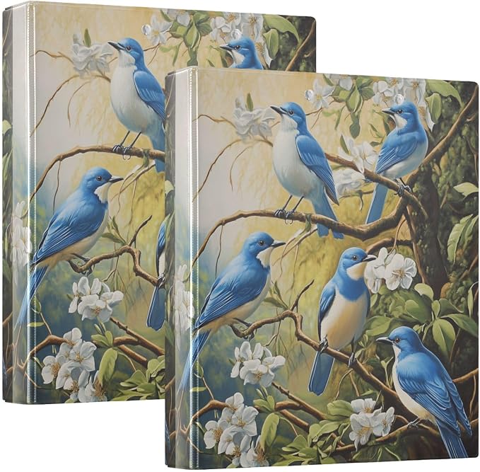 Blue Bird White Flower Patterned 3 Ring Binder 1.5" Decorative D-Ring Binder with Clipboard&3 Clear Pockets, Holds 200 Sheets A4 Size Paper Waterproof Binders for School Home Office|2 Pack