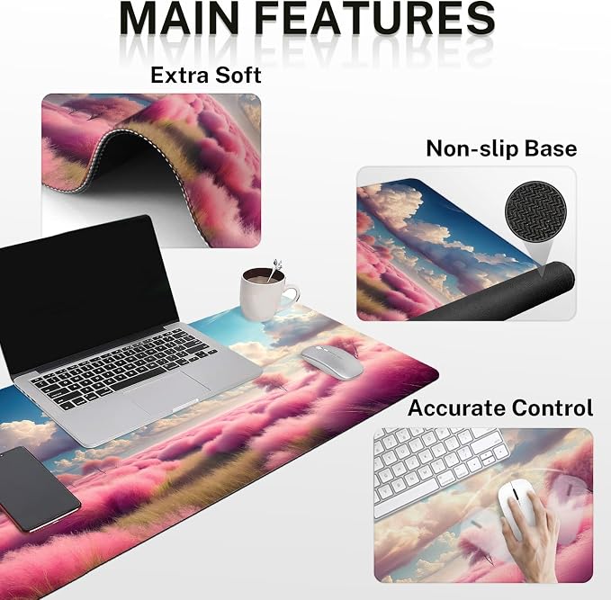 Keyboard Mouse Pad Set, 4 in 1 Desk Mat Set, Pink Clouds | Plants Dreamy Large Mousepad+Keyboard Wrist Rest+Mouse Wrist Rest+Coaster Ergonomic Design for Home Office Computer