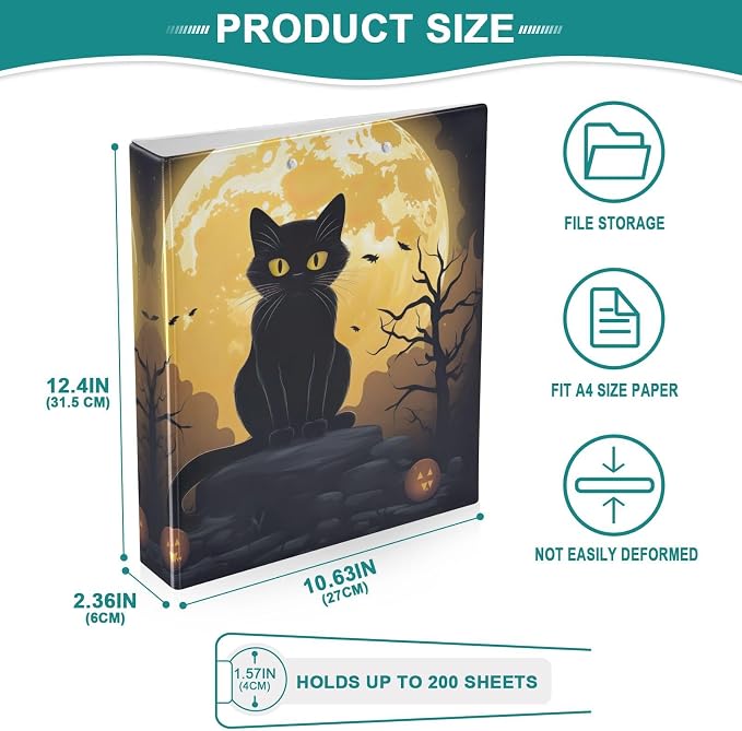 SPRIPORT Black Cat Moon 1.5 Inch 3 Ring Binder Holds 200 Sheets for Office Supplies Durable PVC Round Ring Binder with Interior Clear Pockets Clipboard Binder for Man Woman Home Work
