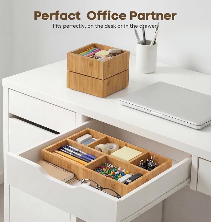 KOCWELL Bamboo Desk Drawer Organizer with Removable Dividers,Multi-Use Office Drawer Organizer Tray,Junk Drawer Organizers for Office,School,Kitchen,Makeup Supply（Original）