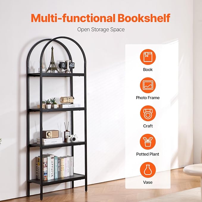 VEVOR Metal Bookshelf, 4-Tier Arched Industrial Bookshelf, Small Rustic Vintage Storage Bookcase with Open Shelves, Freestanding Display Shelving Unit Storage Rack, for Living Room, Bedroom & Office