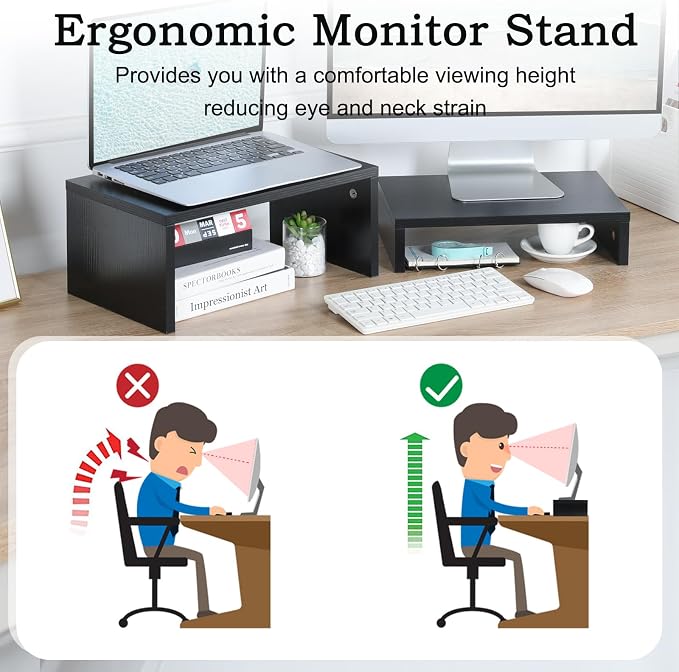 TEAMIX 2-Pack Monitor & Laptop Stand Riser,Wood High-Low Dual Monitor Setup | Black, Stacked/Separate Use, Adjustable Computer Stand for 2 Monitors, Holds 80Lbs, Desk Organizer for Home Office, Gaming