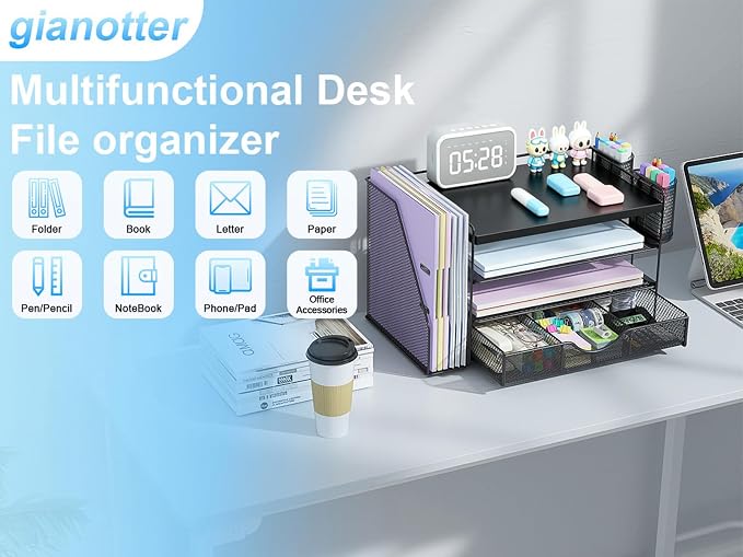 gianotter Wood Desk Organizers and Accessories with File Holder, 4-Tier Desk Accessories & Workspace Organizers with Drawer and 2 Pen Holder, Desk Reference Organizer (Black, 4T with Metal Drawer)