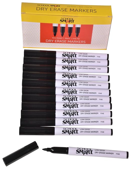 School Smart Dry Erase Pen Style Marker, Fine Tip, Black, Pack of 12 - BY1076-12BLACK