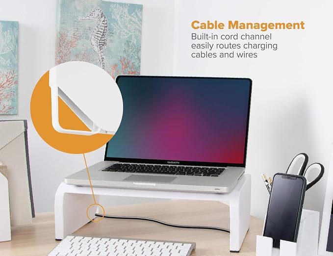 Bostitch Office Konnect Adjustable Monitor Stand Riser, 4 Height Adjustments, Built-In Cable Management, Rubber Feet - White