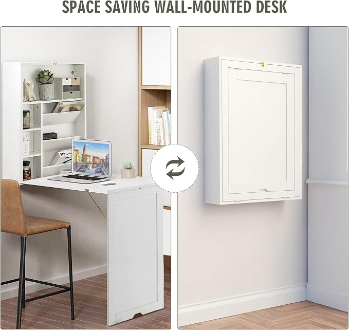 Nightcore Wall Mounted Table w/Classified Storage Space, Foldable Multiple-Purpose Desk, Sturdy Wood Structure, Floating Convertible Desk/Cabinet for Apartment, Narrow Place and Limited Room (White)