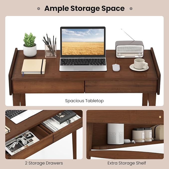 Giantex Mid Century Modern Desk, 39.5" Bamboo Computer Desk with 2 Drawers and Open Storage Shelf, Makeup Vanity Table, Wood Computer Workstation, Vintage Writing Desk for Bedroom, Walnut