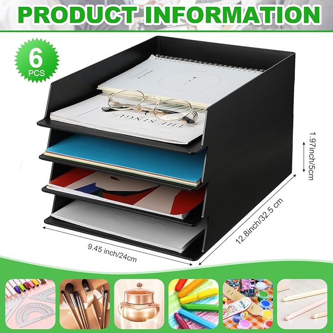 6 Pcs Stackable Paper Trays Rectangular Plastic Desk Holder Desktop Document File Organizer Storage Letter for Office Classroom (Black)