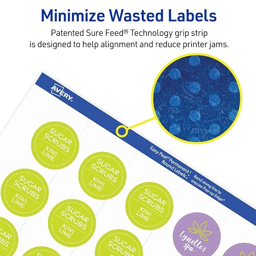 Avery TrueBlock Round Labels, 1" Diameter, Matte White, Sure Feed Technology, Print-to-The-Edge Capability, Laser/Inkjet Compatible, 720 Printable Labels Total (5224)