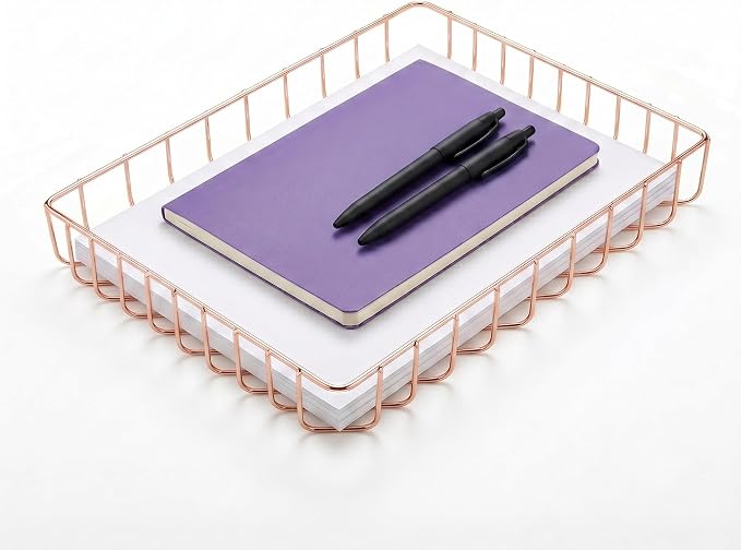 Elegant Wire Desk Tray Organizer - Multipurpose A4 Letter Size File Tray, Premium Metal Mesh Document & Magazine Holder, Luxury Storage Basket for Office, Vanity, & Bathroom, Rose Gold