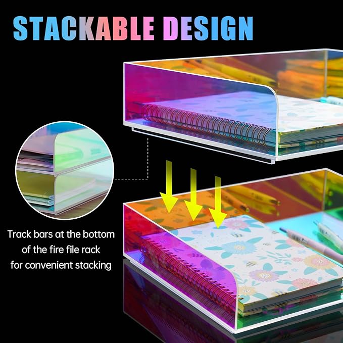 2-Tier Letter Tray Stackable Acrylic Desk Organizer File Holder | Iridescent Rainbow Paper Sorter For Desktop Document Office Accessories Storage Mail Organizer School Workspace Organization