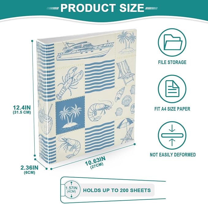 Beach Patchwork 3 Ring Binder, 1.5 Inch Heavy Duty Decorative Binder with 2 Pockets, Letter Size Office Organizer