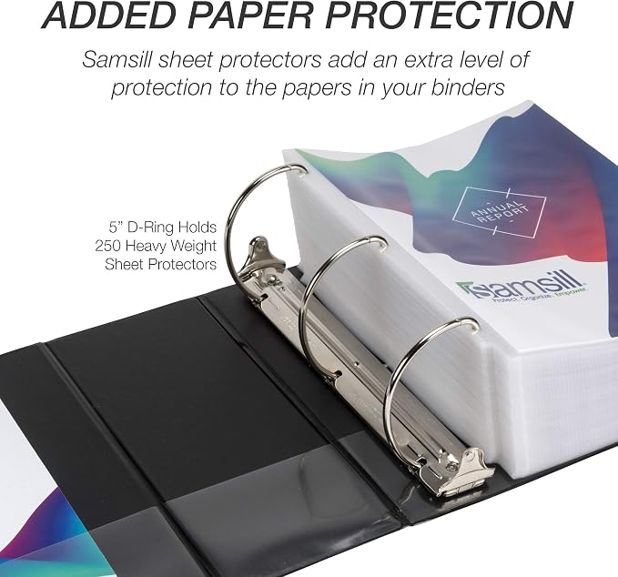 Samsill Durable 5 Inch 3 Ring Binder, D Ring Binder, Customizable Clear View, Black, Holds 1070 Pages