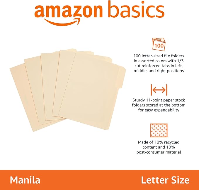 Amazon Basics Sturdy File Folders with Reinforced Tabs for Filing and Organization, 1/3-Cut Tab, Assorted Positions, Letter Size, 8.5x11 inches, Manila, 100-Pack