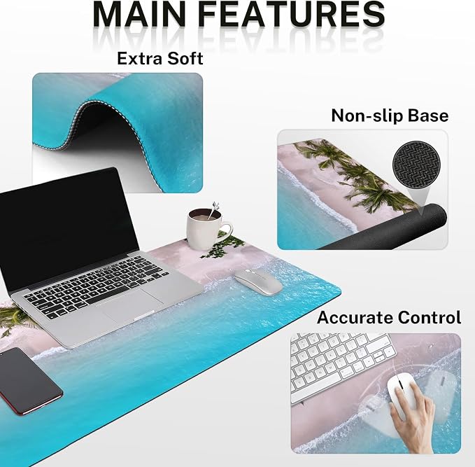 Keyboard Mouse Pad Set, 4 in 1 Desk Mat Set, Ocean Beach Blue | Turquoise Summer Large Mousepad+Keyboard Wrist Rest+Mouse Wrist Rest+Coaster Ergonomic Design for Home Office Computer