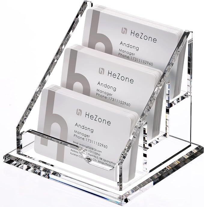 HeZone Acrylic Card Holder Clear Horizontal Business Card Organizer Stand for Desk 3 Slots 3 Tier Business Cards Stand for Women and Men,Office Desk Accessories,Organize 150 Cards-1 Pack(3 Slots-H)