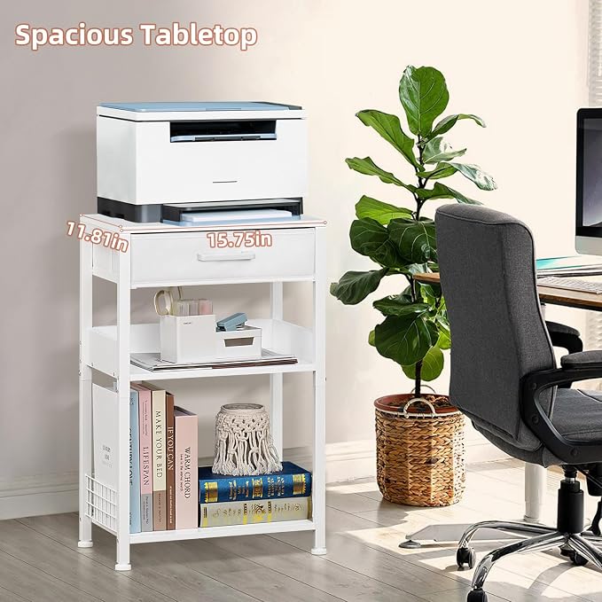 Lerliuo 3-Tier Printer Stand with Fabric Drawer and Shelves, White | Three-tier printer stand with fabric drawer and two shelves for paper, office supplies, scanners and fax machines