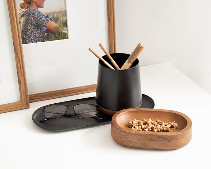 Kate and Laurel Koni Modern Three-Piece Tabletop Organization Set; 12 x 6 x 5; Walnut Brown and Black; Wood and Metal Organizational Set for Home Office or Entryway Decor