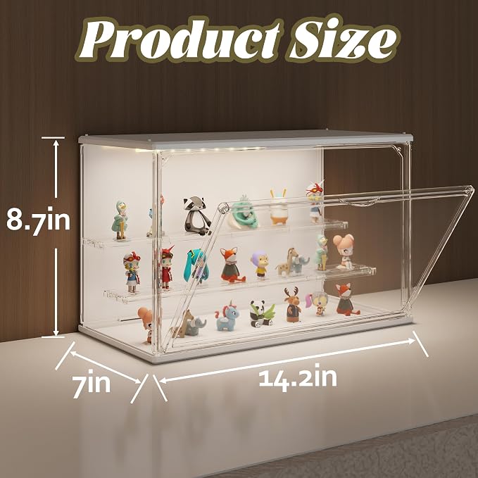 Clear Display Case for Collectibles, 3-Tier Adjustable Figure Display Case with LED Light, Stackable Acrylic Showcase with Magnetic Door for Jewelry,Collectibles (White, 1 Pack-8.7" H)