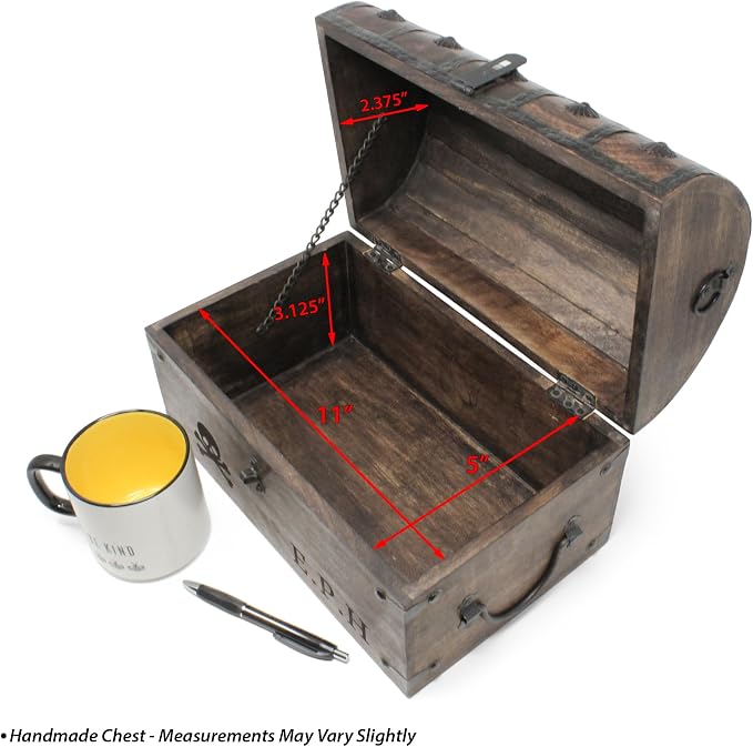 Nautical Cove Treasure Chest Keepsake and Decorative Wood Box (XX-Large 13x8x8.75) - Storage Box, Wooden Box with Hinged Lid, Rustic Storage, Pirate Storage Box, Vintage Wooden Chest