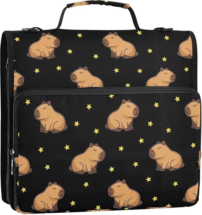 Capybara Stars Black Print Zipper Binder Bag 3 Ring with Shoulder Strap & Handle Multi Pocket Binder Organizer Bag Large Capacity for School Office Supplies