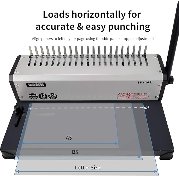 RAYSON SD1202 19-Hole Comb Binder, 10-Sheet Punch, 200-Sheet Capacity | Includes a starter comb set, three punching margins (3, 4.5, and 6 mm), a side guide, and durable metal construction.