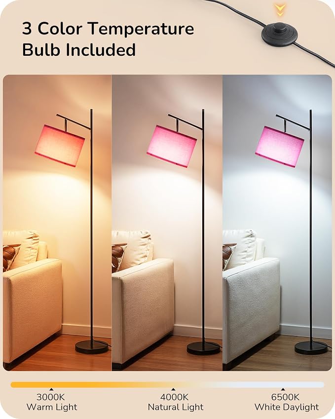 EDISHINE Pink Modern Floor Lamps for Living Room, 64.7" Arc Standing Lamp | 3CCT LED Bulb Included, Adjustable Linen Shade, Foot Switch, Tall Light for Office, Bedroom, Living Room