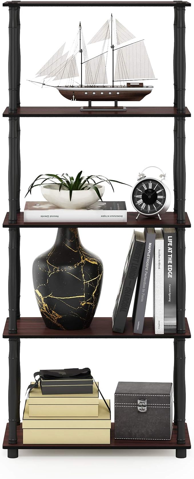 Furinno TURN-S-TUBE Storage Shelves, 5-Tier Book Shelf, Corner Shelf, Toolless Open Shelves, Classic Tubes, for Organization and Storage, Living Room, Garage, Home Office, Dark Cherry