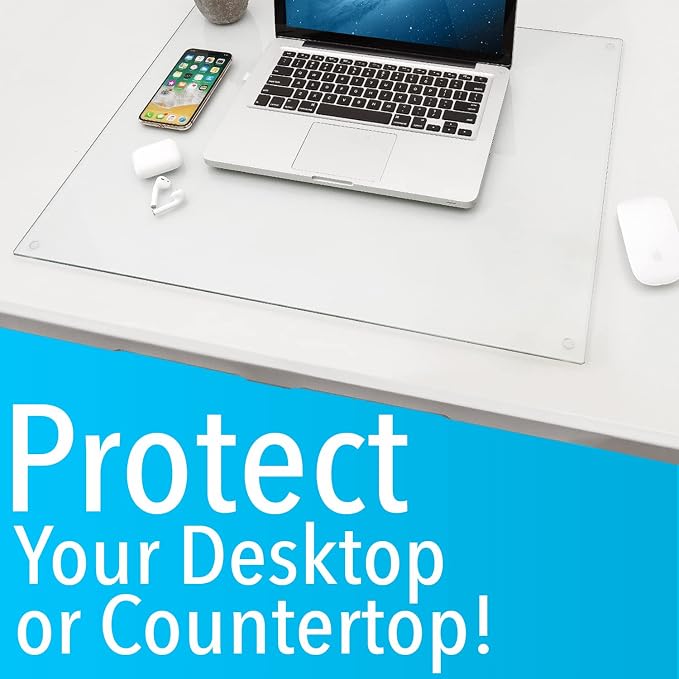 IMPRESA Clear Tempered Glass Desk Mat - 19 x 24 in, Clear - Table Protector & Desktop Mat for Office Accessories with Dry-Erase Surface & Preinstalled Rubber Feet