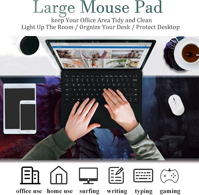 Extended Gaming Mouse Pad 31.5" x 11.8", with Edge Stitching, Non-Slip Rubber Base Keyboard Pad, Suitable for Work, Game, Office, Home and Coasters, Cool Dark Dragon