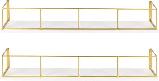 Kate and Laurel Benbrook 24 inch 2-Pack Wood and Metal Floating Wall Shelves, White and Gold