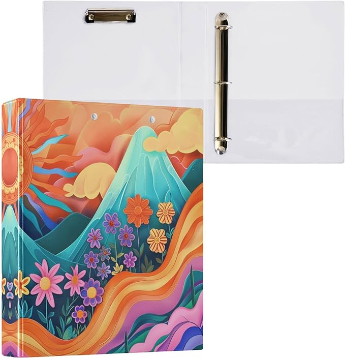 Aslsiy Retro Groovy Hippie Round Clipboard Binder - 1.5 Inch, Flower Sun Mountain Harcover Decorative Organizer for Office Supplies