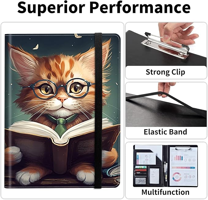 Padfolio/Portfolio Folder Clipboard,Padfolio Clipboard,Writing Portfolio Leather with Cover for Card Holder Slot Letter Size A4 for Office Conference Notepad Clip Boards,Reading Cat