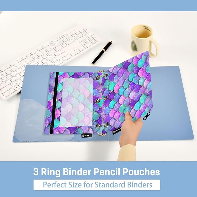Pink Blue Purple Mermaid Scales Pencil Pouch for 3 Ring Binder, 2 Pack Waterproof Pencil Bags Clear Window Pencil Case Zipper School Office Supplies