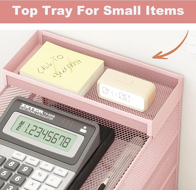 Natwind 3-Tier Stackable Metal Mesh Letter Paper Tray Organizer,Pink | Desk Organizer For Paper,Document,Mail Tray For Office Supplies,File Holder For Home Office School Classroom Organization