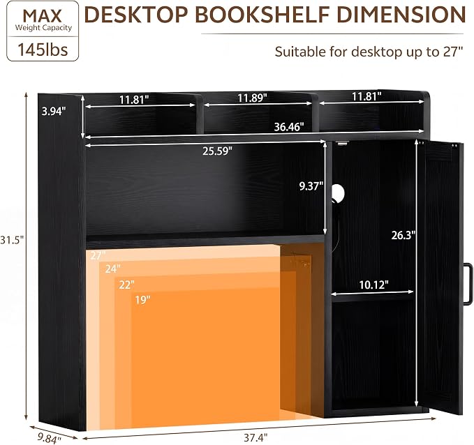Desktop Storage Shelf, 37.4" Computer Desk Organizer 3-Tier Wood | Desktop Storage Shelf Desk Hutch Dorm with RGB LED Light & Power Outlets for PC Gamers, Office, College Dorm Must Haves-Black