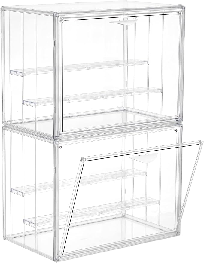 3 Layer Acrylic Display Case Stackable Clear Box for Collectibles,2 Pack | Removable Adjustable Partitions & Magnetic Door,Interlocking Stable Design,Dustproof Cover for Figurine Storage
