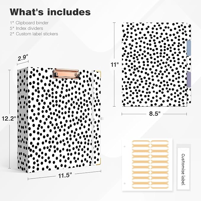 Ospelelf 3 Ring Binder, 2 Inch Letter Size (11" x 8.5") with 5 Tab Dividers, File Folder Labels and Low Profile Clipboards, Polka Dots Binder for School and Office Supplies
