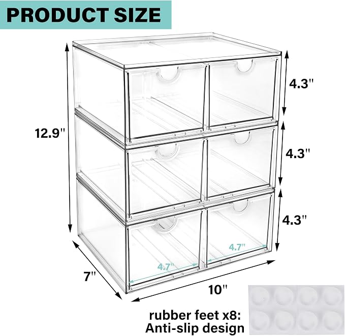 Prsildan 6 Small Drawers Stackable Storage Drawer Clear Acrylic Organizer | Makeup Organizers, Vanity Bathroom Kitchen Cabinets Under Sink Home Organization, 3 Pack