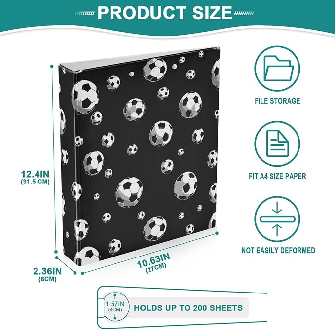 Football Black Round Ring Binders 1.5 Inch Soccer Sports Balls 3 Ring Clipboard Binder for Office School Work Supplies File Folder 200 Sheet Capacity