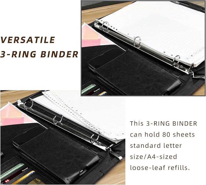 WRIYES Zippered Portfolio Organizer with 3 Ring Binder, Black | Leather Padfolio, Professional Business Binder, Organizer for iPad/Document, Phone & Business Cards