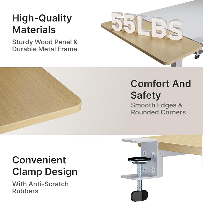 Desk Extender Tray, 28" x 12", with Laptop Holder, Large, Wood | Desk Extension, Clamp on Desk Shelf, Clamp On Keyboard Tray for Office and Home, Workstation Organizer