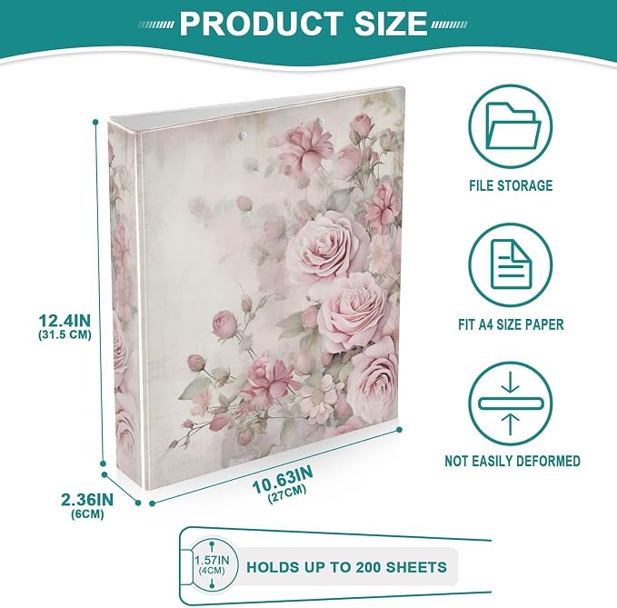 Pink Rose Flower Muted Color 3 Ring Binder with 2 Interior Pockets 1.5 inch Binders 3 Ring Heavy Duty Fit 8.5" x 11" Letter Size for Office School, 2 Pack