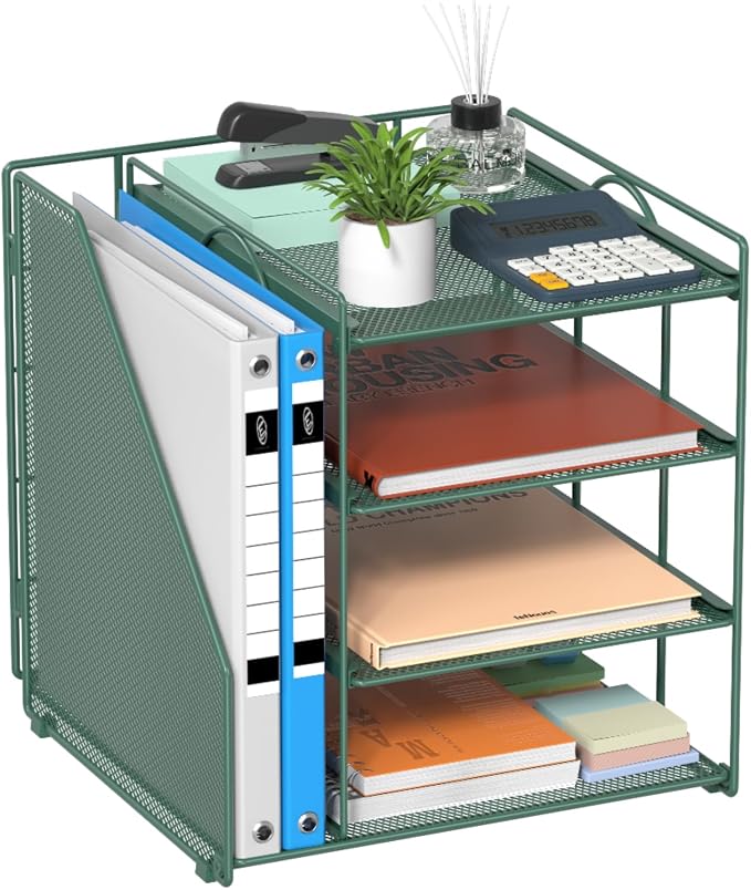 Desk File Organizer and Accessories, 4-Tier Paper Organizer with Vertical File Holder, Office Desk Accessories & Workspace Organizers and Storage for Office Supplies (Green)